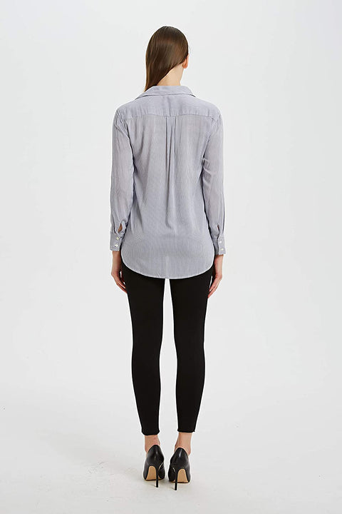 Womens Rayon Long Sleeves Blouse Stripe Shirt