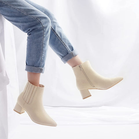 Heel The World Women's Ankle Boots Pointed Toe Low Block Heel Booties with Rhinestones