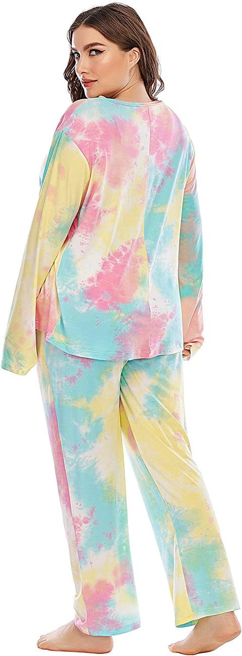 Plus Size Pajama Set Pants Women Tie Dye Long Sleeve Shirts Nightwear Sleep & Lounge Pjs