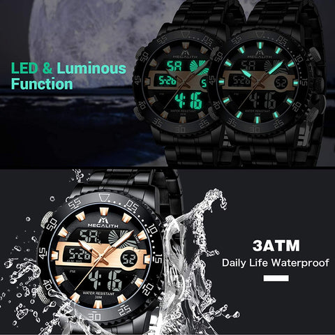 MEGALITH Men Watch Waterproof Stainless Steel Led Analog Digital Watches for Men Male Day Date Stopwatch Heavy Metal Alarm Sport Watch Gent Outdoor Military Luminous Big Wrist Watches with Backlight