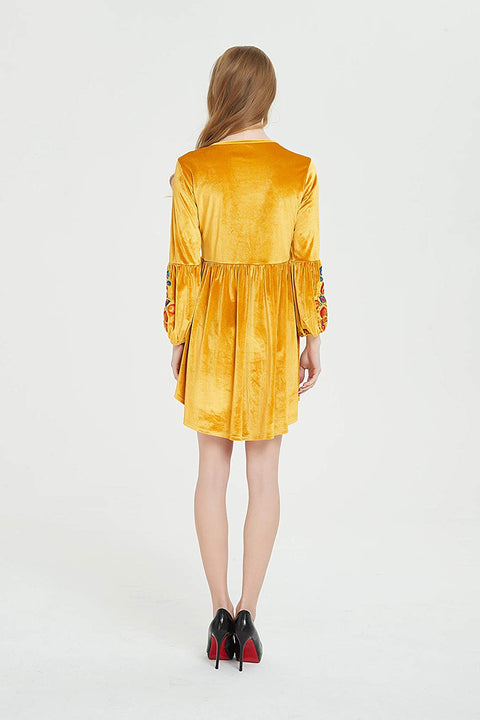 Womens Bohemian Velvet Dress with Embroidery, Elastic on The Waist and Sleeve Opening