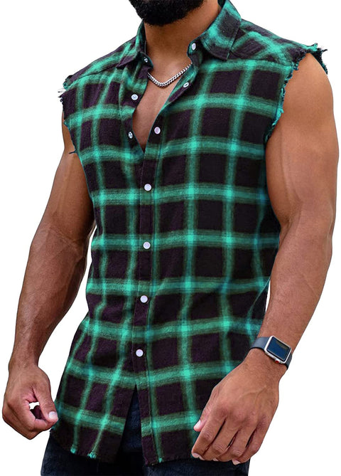 Yasiter Men's Raw Hem Sleeveless Shirts Cotton Full Button Down Nomal Lapel Collar Plaid Shirt Tank Tops