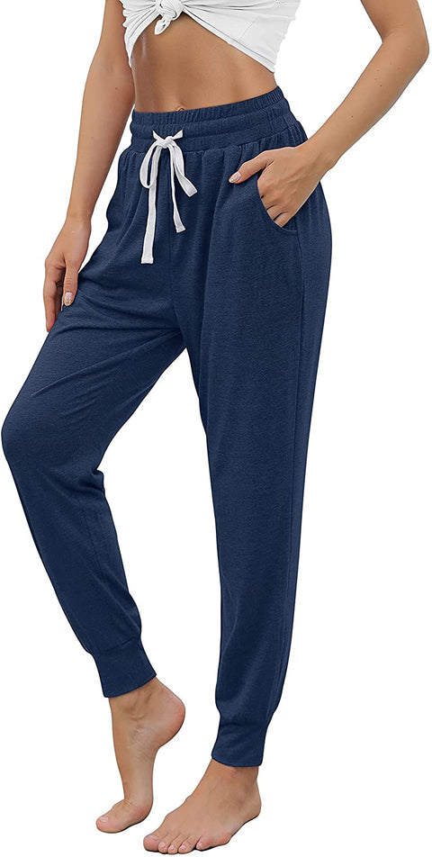 Yoga Pants with Pockets for Women Drawstring High Waisted Pants Loose Workout Joggers Pants Navy Blue X-Large