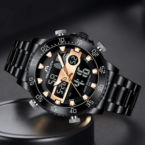 MEGALITH Men Watch Waterproof Stainless Steel Led Analog Digital Watches for Men Male Day Date Stopwatch Heavy Metal Alarm Sport Watch Gent Outdoor Military Luminous Big Wrist Watches with Backlight