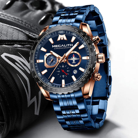 MEGALITH Mens Watches Chronograph Waterproof Watch Stainless Steel Watch Men Sports Military Watch Analog Quartz Date Calendar Luminous Watches for Man Business Gents Multifunctional Wrist Watch