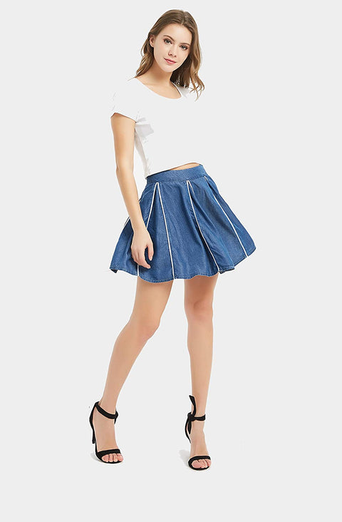 Womens Tencel Denim Skirt Patchwork Piping Mini Midi Skirt