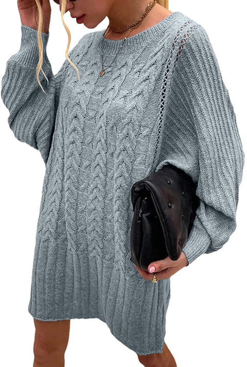Women's Fashion Bat Long Sleeves Sweater Dress Hollow Cable Knitted Loose Pullover Autumn Dresses