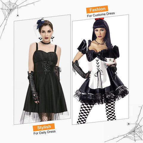 Womens Fingerless Gloves Black Satin Mitten Lace Up Steampunk Arm Warmer Gothic Elbow Gloves for Halloween Costume