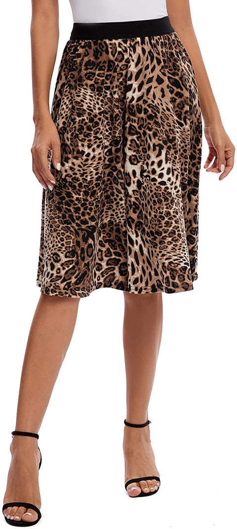Women's Casual Elastic High Waist Leopard Print Pleated Shirring Midi Skirt