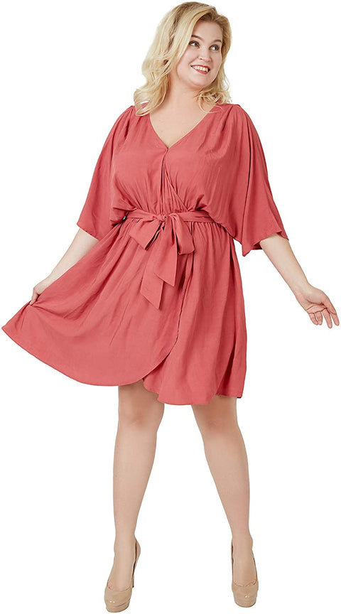 Carrotomato Women's Plus Size Casual Dress V Neck Slit Belt Swing Skirt with Pocket Pink 22