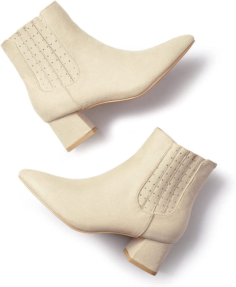 Heel The World Women's Ankle Boots Pointed Toe Low Block Heel Booties with Rhinestones