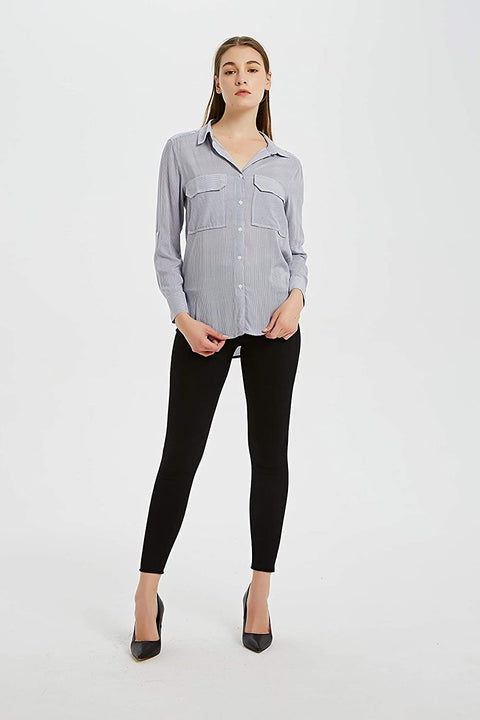 Womens Rayon Long Sleeves Blouse Stripe Shirt