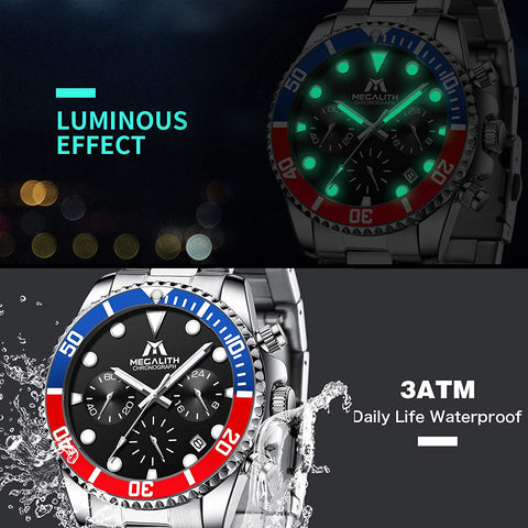 MEGALITH Mens Watches with Stainless Steel Waterproof Analog Quartz Fashion Business Chronograph Watch for Men, Auto Date