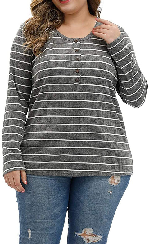 Women Plus Size Tops Long Sleeve Knitwear Stripe Clothing Casual Polo Shirts Button Up Blouse