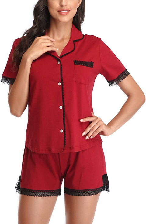 Women Pajamas Set Short Sleeve Pj Lounge Sets Soft Lace Pj Sets Button Down Sleepwear V Neck 2 Piece Plus Size XS-XXXL