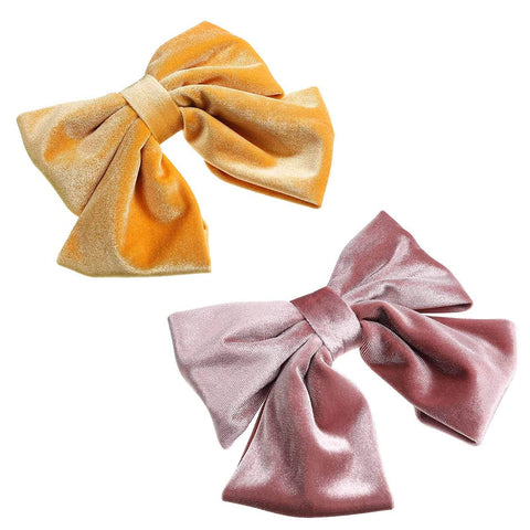 Velvet Bow Barrettes Hair Clips - AWAYTR 2 Packs Flower Elastic Big Hair Bow for Women Wedding Party (yellow+pink)
