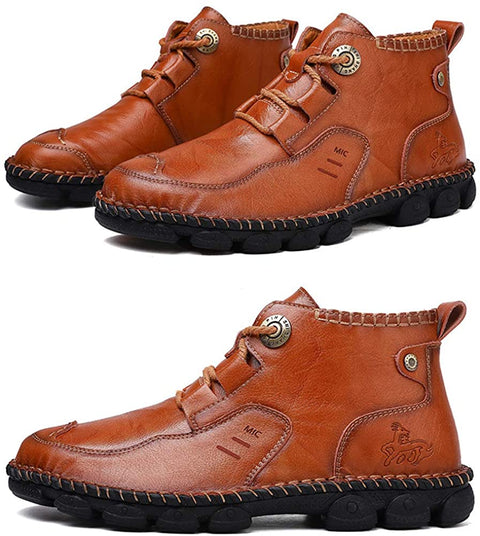 Mens British Boots Ankle Length Leather Motorcycle Boots Zipper or Lace-Up