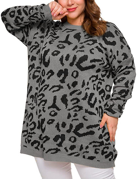 Women Plus Size Pullover Sweaters Long Sleeve Leopard Print Knitted Crew Neck Warm Sweater Tops