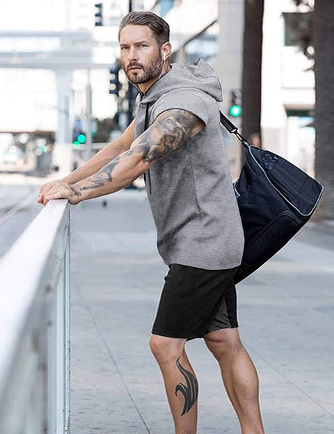 Men's Workout Hooded Tank Top Gym Muscle Cut Off Short Sleeves T-Shirt