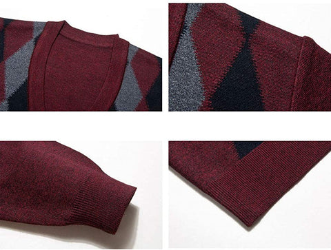 Men's Argyle V-Neck Cardigan Sweaters Casual Button Down Long Sleeve Sweater