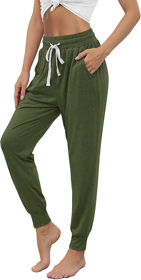 Yoga Pants with Pockets for Women Drawstring High Waisted Pants Loose Workout Joggers Pants Army Green Small