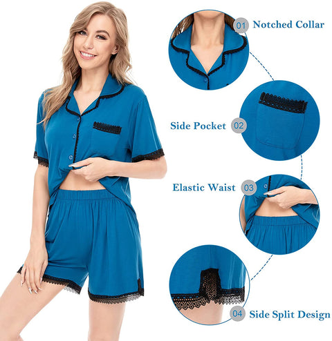 Women's Pajamas Set, Short Sleeve Sleepwear Lace Hem Pj Lounge Sets Nightwear Pajamas for Women S-XL