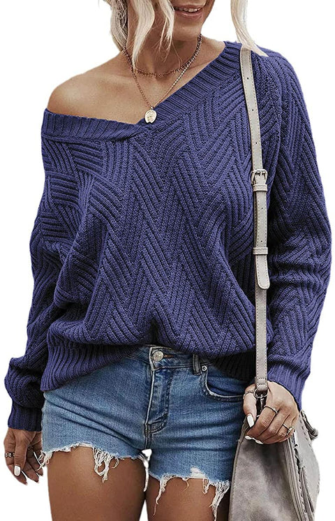Womens Fashion Sweaters Sexy V Neck Long Sleeve Oversized Cable Knit Pullovers Casual Tunic Tops