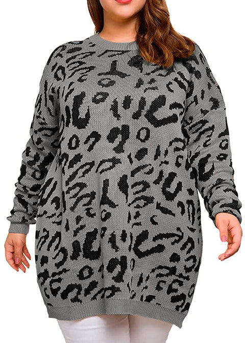 Women Plus Size Pullover Sweaters Long Sleeve Leopard Print Knitted Crew Neck Warm Sweater Tops