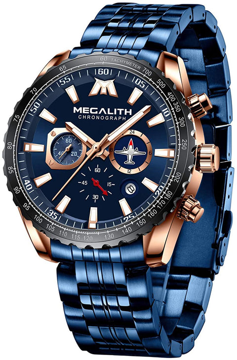 MEGALITH Mens Watches Chronograph Waterproof Watch Stainless Steel Watch Men Sports Military Watch Analog Quartz Date Calendar Luminous Watches for Man Business Gents Multifunctional Wrist Watch