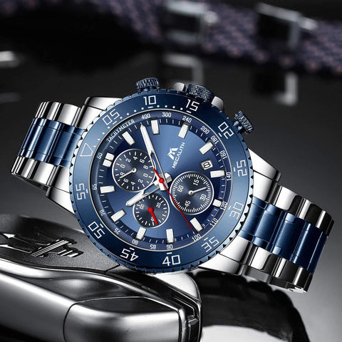 MEGALITH Mens Chronograph Watches Stainless Steel Man Waterproof Watch Luminous Gent Wristwatches for Men Fashion Business Classic Analog Quartz Date Watches