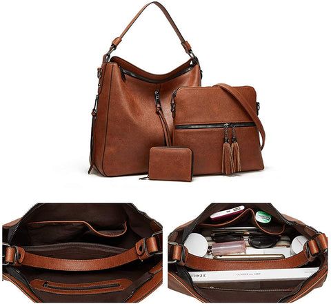 Women Fashion Synthetic Leather Handbags Tote Bag Shoulder Bag Top Handle Satchel Purse Set 4pcs