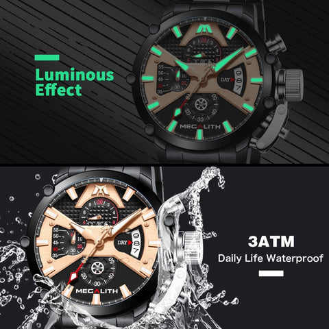 MEGALITH Men's Watch 45mm Stainless Steel Chronograph Waterproof Fashion Watch Analog Quartz Date Heavy Duty Watches for Men Metal Luminous Multifunctional Cool Designer Gents Wrist Watches