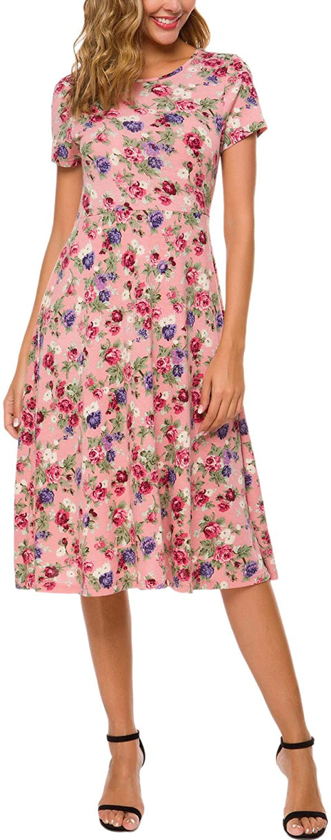 Women's Summer Casual T Shirt Dresses Floral Short Sleeve Flared Midi Dress