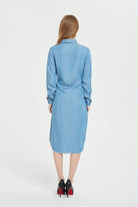 Womens Distressed Long Sleeve V Neck Button Down Denim Shirt Dress with Belt