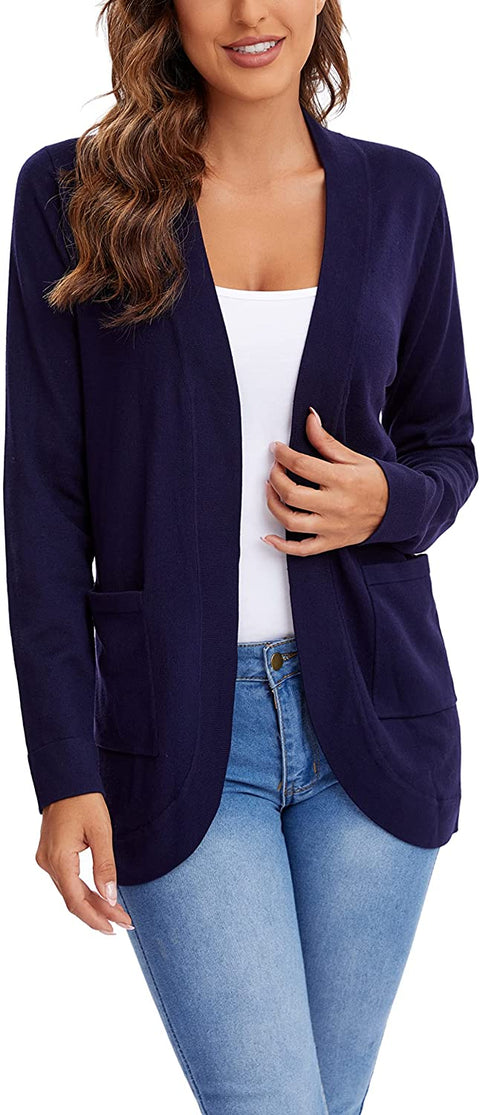Womens' Long Sleeve Knit Sweater Cardigans Curved Hem Open Front with Pockets