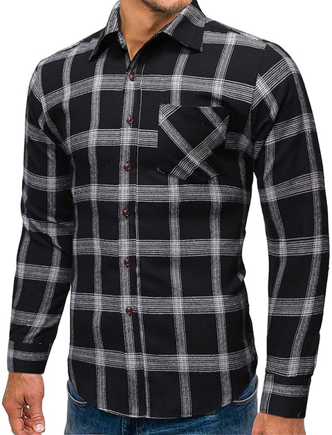 Mens Plaid Button Down Shirt - Casual Long Sleeve Tops Slim Fit Pocket Work Wear