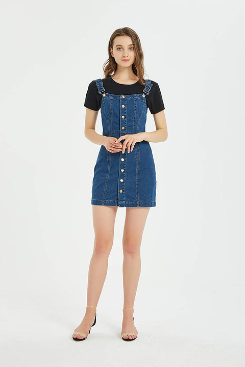 Women's Button Front Classic Adjustable Strap Overall Denim Skirt Dress