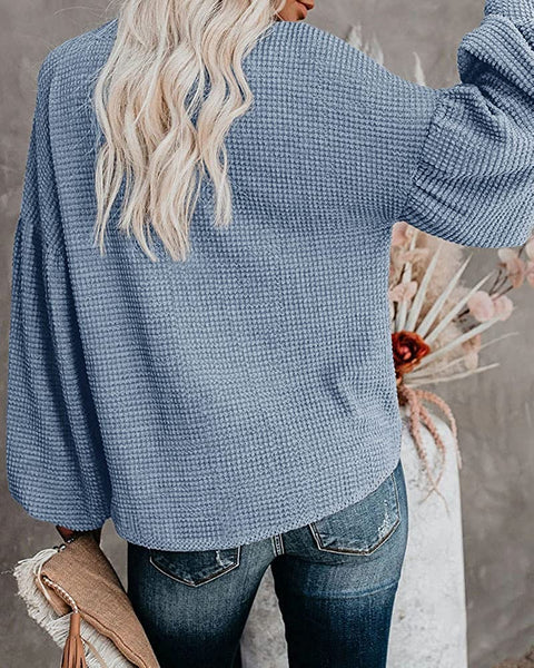 Women Casual V Neck Waffle Knit Shirts Tunic Tops Solid Color Loose Sweatshirts Pullover