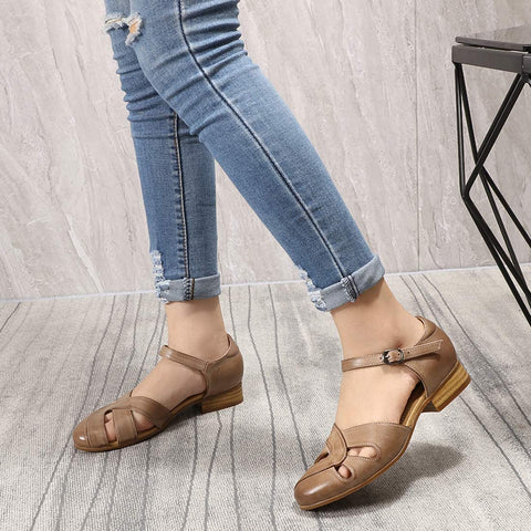 Mona flying Women Leather Tatianna Dress Sandals Closed Toe Low Heels Strappy Flats Summer Casual Shoes