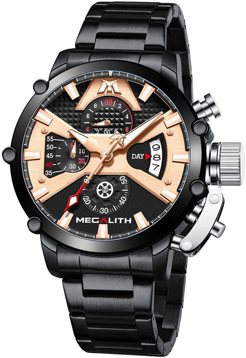 MEGALITH Men's Watch 45mm Stainless Steel Chronograph Waterproof Fashion Watch Analog Quartz Date Heavy Duty Watches for Men Metal Luminous Multifunctional Cool Designer Gents Wrist Watches