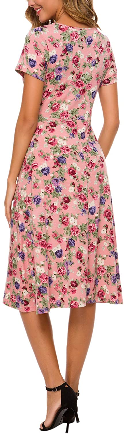 Women's Summer Casual T Shirt Dresses Floral Short Sleeve Flared Midi Dress