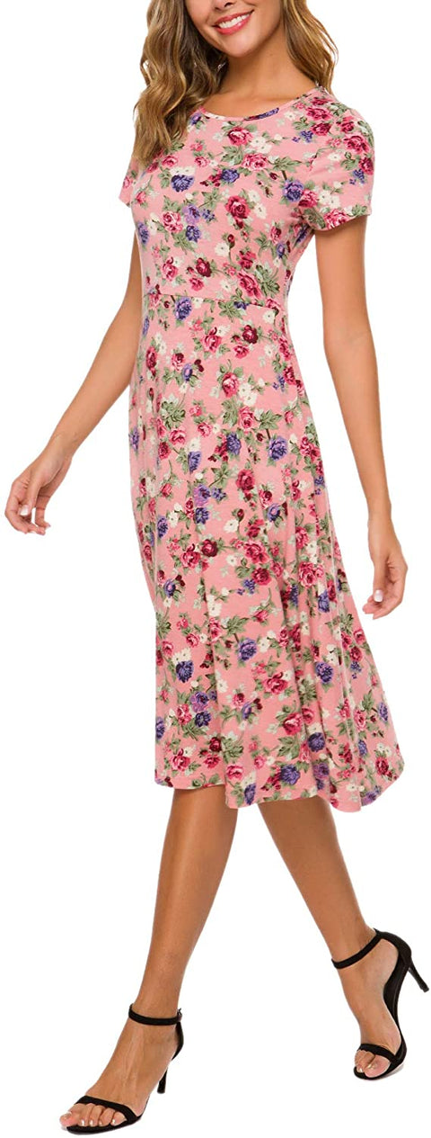 Women's Summer Casual T Shirt Dresses Floral Short Sleeve Flared Midi Dress