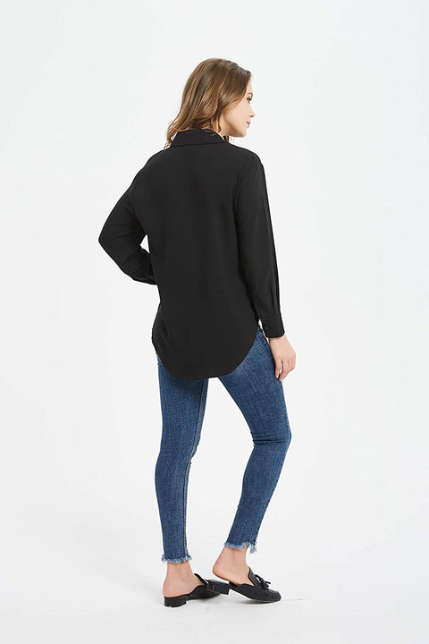 Women's Casual V Neck Crepe Blouses Long Sleeve Button Down Shirts Tops