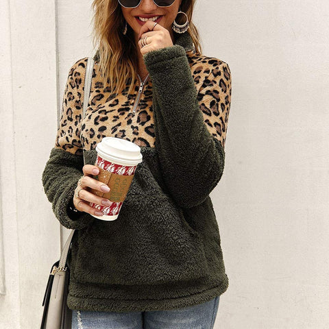 Women's Leopard Print Long Sleeve Pocket Sweatshirt Fuzzy Sweatshirt
