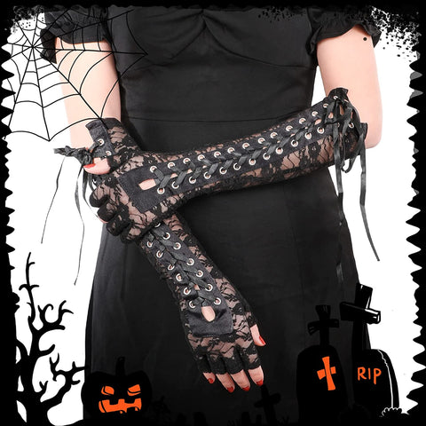 Womens Fingerless Gloves Black Satin Mitten Lace Up Steampunk Arm Warmer Gothic Elbow Gloves for Halloween Costume