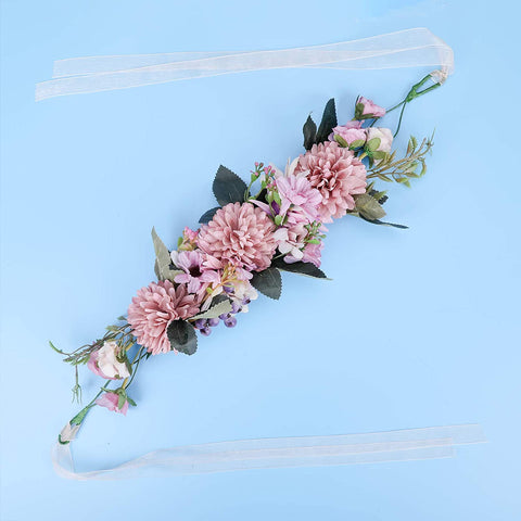Flower Halo Crown Floral Headpiece - AWAYTR Bohemia Flower Headband Hair Wreath Garland for Women (dark pink)