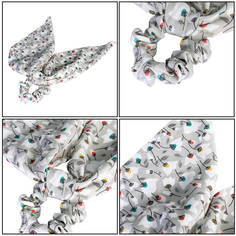 AWAYTR Chiffon Ponytail Hair Scarf Scrunchies - 4 Packs Flower Cashew Leopard Ripple Point Elastic Hair Ties Bow for Women (Skin + Black + Green + red)