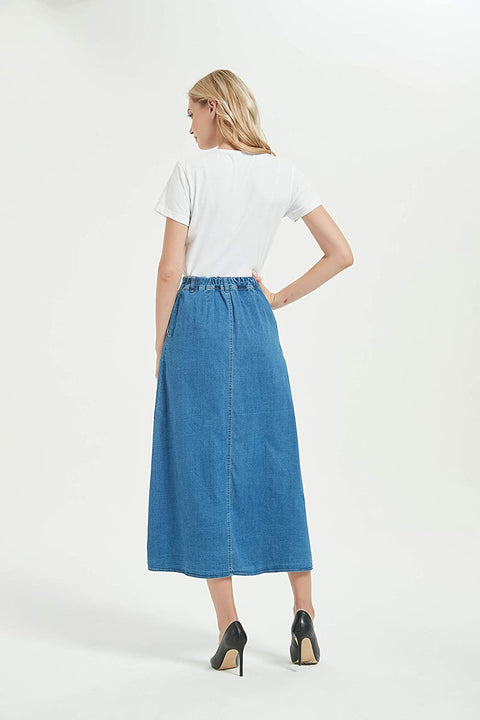 Womens A Line Long Midi Denim Skirt with Button Front