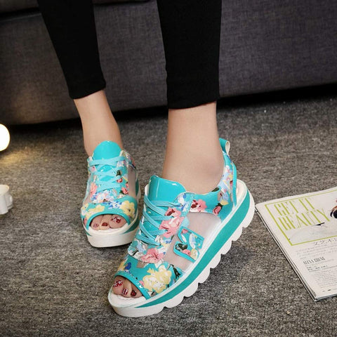 Floral Print Platform Sandals for Women Breathable mesh walking Casual shoes Chunky sports sandals