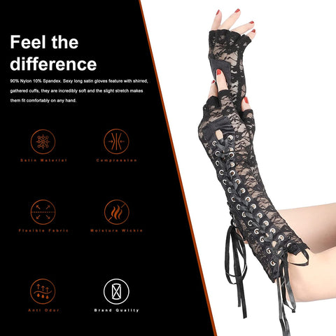 Womens Fingerless Gloves Black Satin Mitten Lace Up Steampunk Arm Warmer Gothic Elbow Gloves for Halloween Costume